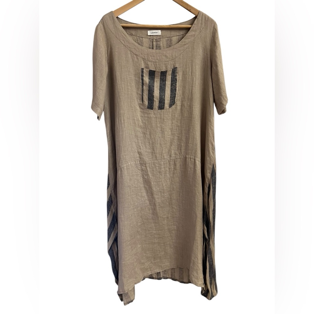 LUUKAA Linen Front Pocket Striped Maxi Dress 8Y0524 Sz 8/10 Ruched Hem Lagenlook